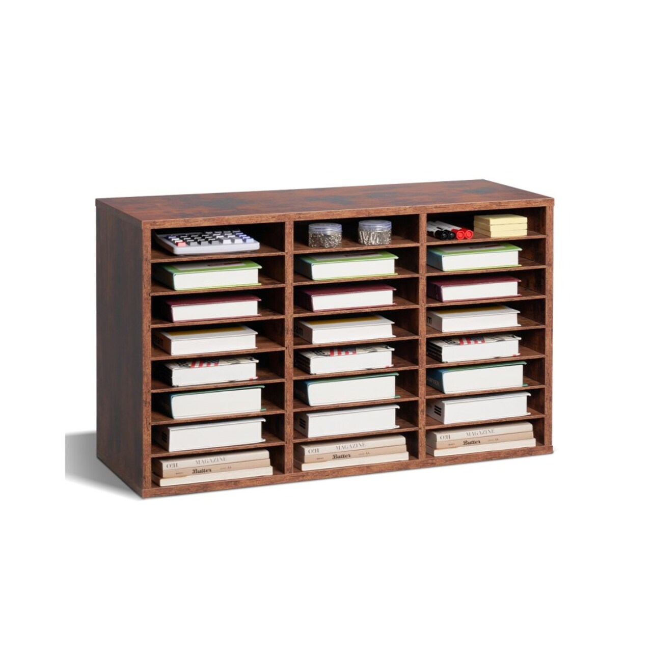 Dark Brown 24-Compartment Wood File Organizer with MDF Shelves for Office and Home Storage
